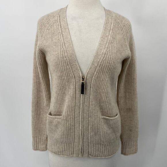 Michael Michael Kors Cashmere Cardigan Zip Front V Neck Pockets Beige Womens XS - Picture 2 of 10